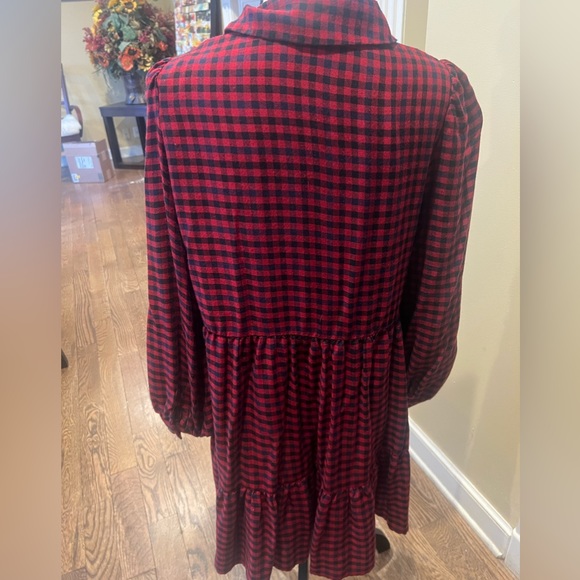 Zara Buffalo plaid red/black checkered baby doll tiered long sleeve mini dress L - Picture 2 of 6